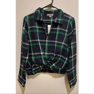 ⁣✧ Zumiez | Green and Navy Plaid ZIP Knot Top
